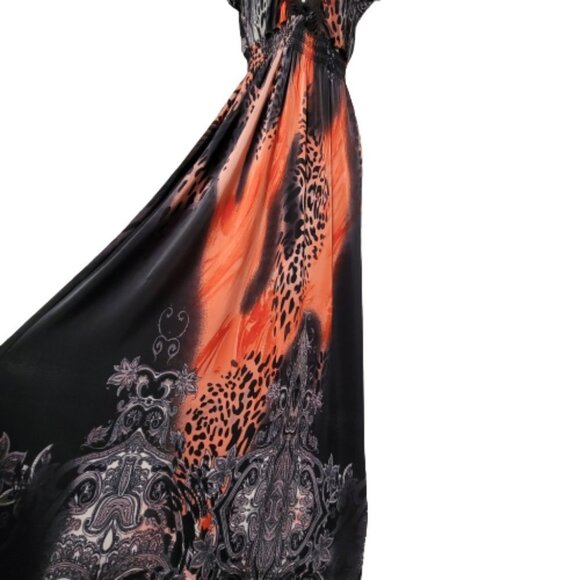 ORANGE and Black Short Sleeve Ruched Stretchy V Neck Summer Maxi Long Dress - Picture 3 of 16